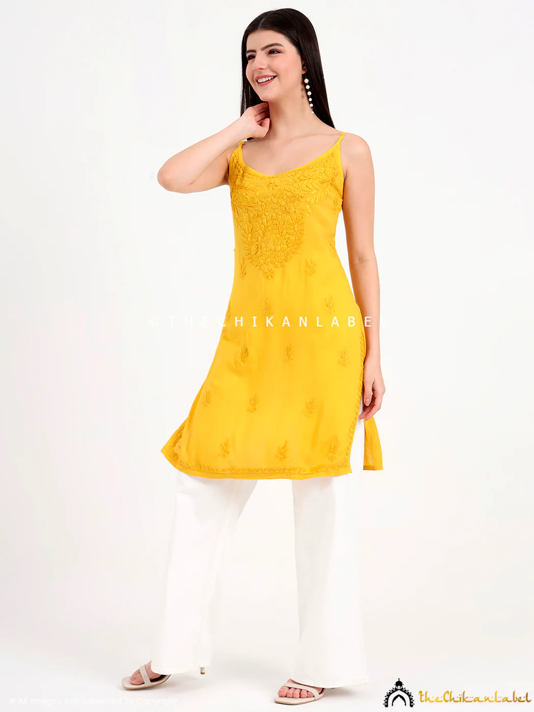Avleen Modal Chikankari Strappy Short Kurta - Yellow - Image 4