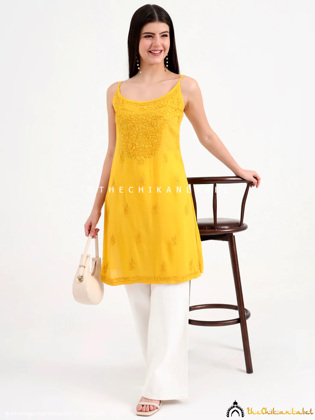 Avleen Modal Chikankari Strappy Short Kurta - Yellow - Image 6