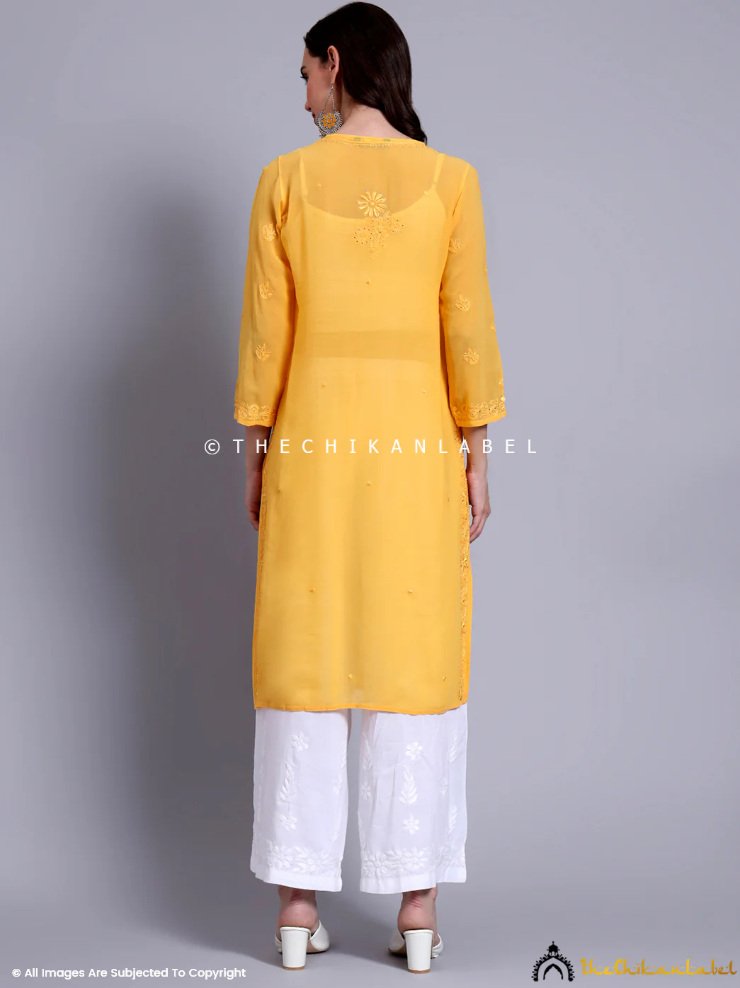 Avni Viscose Chikankari Straight Kurti - Yellow - Image 3