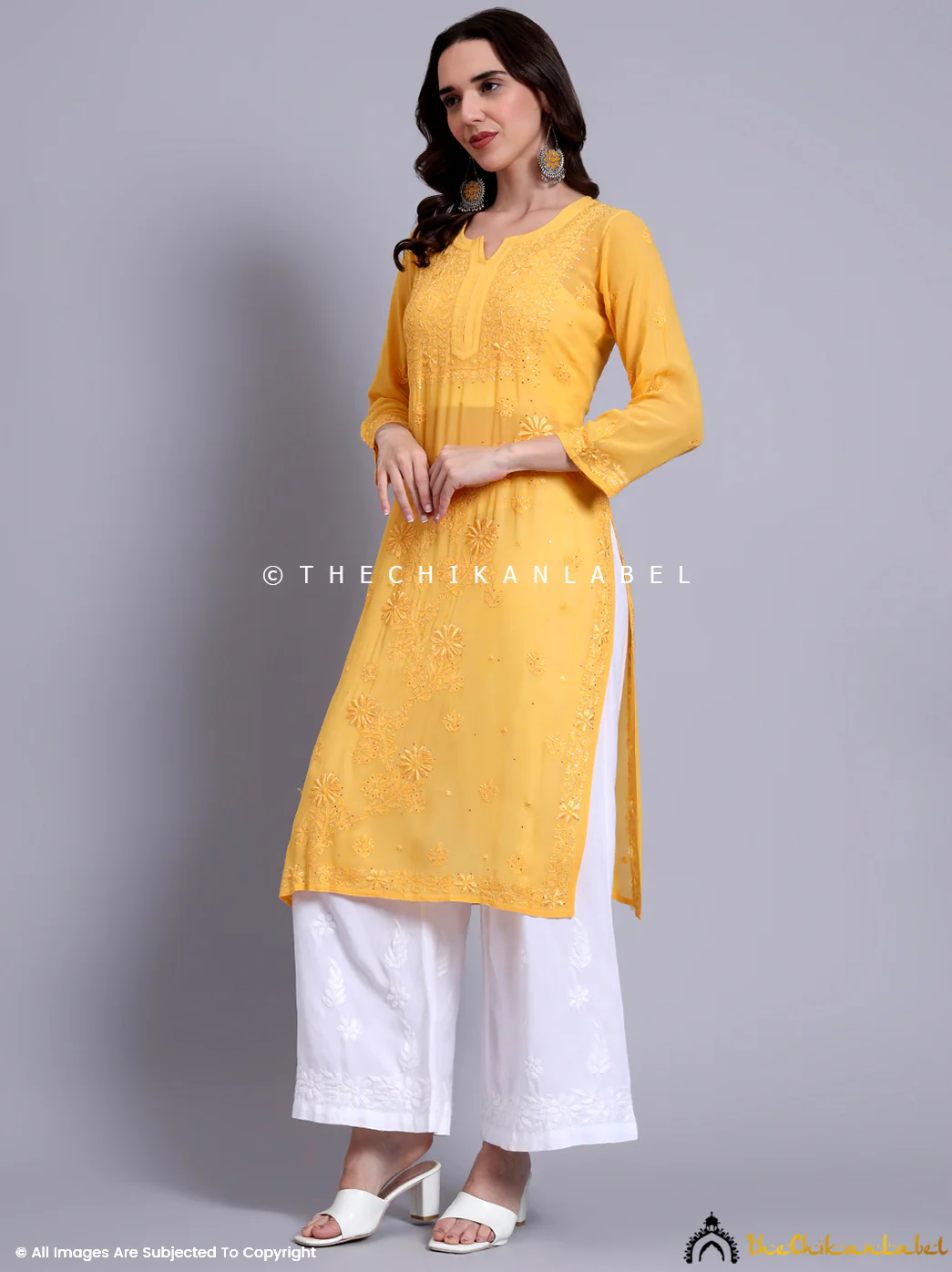 Avni Viscose Chikankari Straight Kurti - Yellow - Image 4