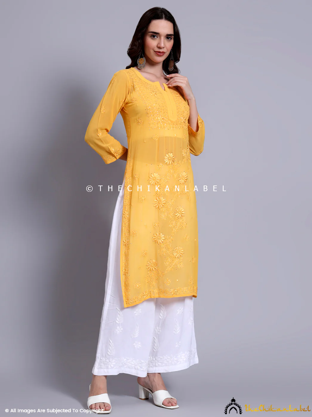 Avni Viscose Chikankari Straight Kurti - Yellow - Image 5