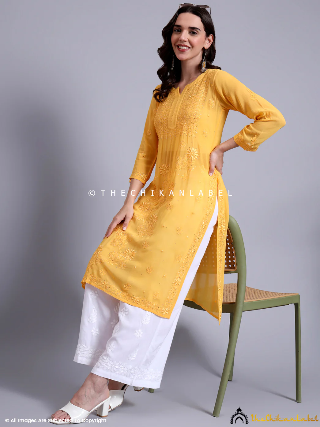 Avni Viscose Chikankari Straight Kurti - Yellow - Image 6