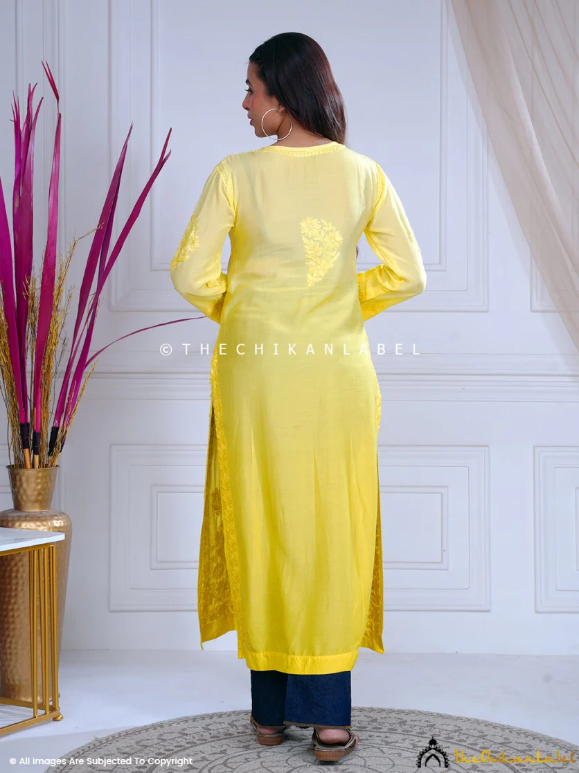 Azmi Muslin Chikankari Straight Kurti -Yellow - Image 3