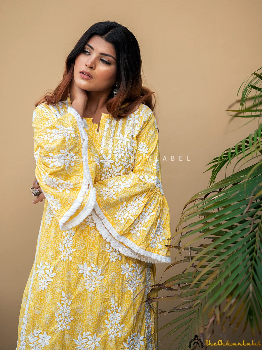 Bandhani Mulmul Cotton Chikankari Kurta Set - Yellow - Image 2