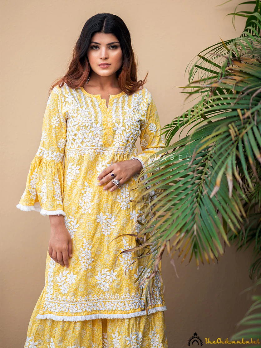 Bandhani Mulmul Cotton Chikankari Kurta Set - Yellow - Image 3