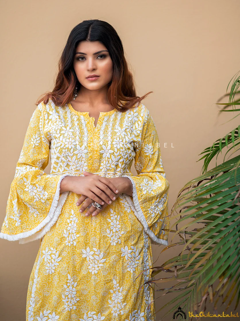 Bandhani Mulmul Cotton Chikankari Kurta Set - Yellow - Image 4