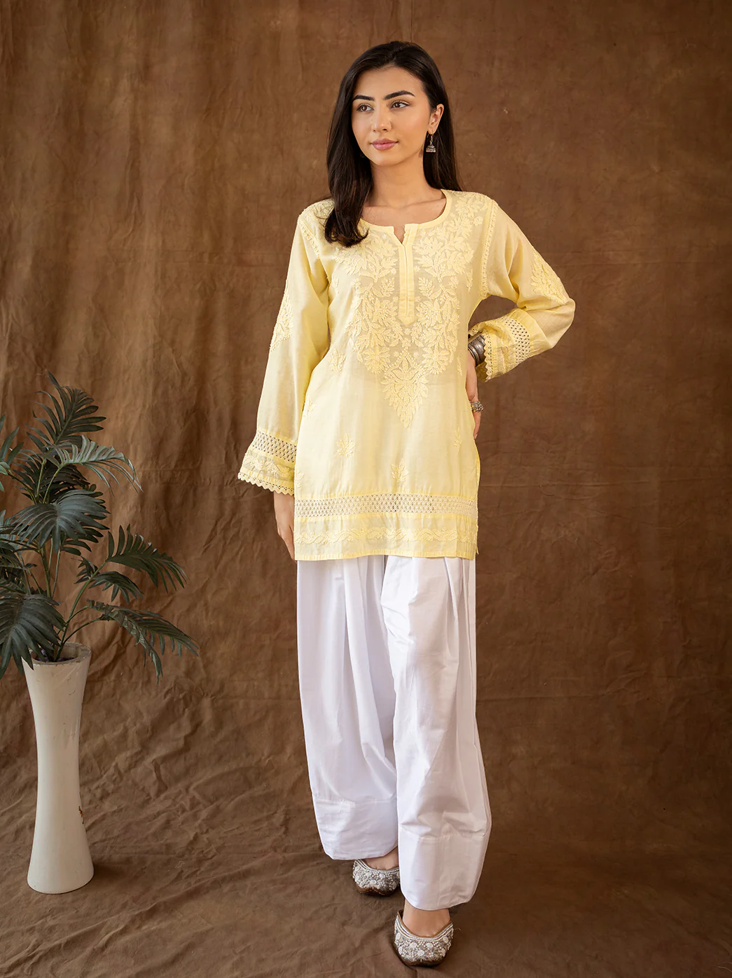 Yellow Chanderi Chikankari Farshi Salwar Set - Image 4