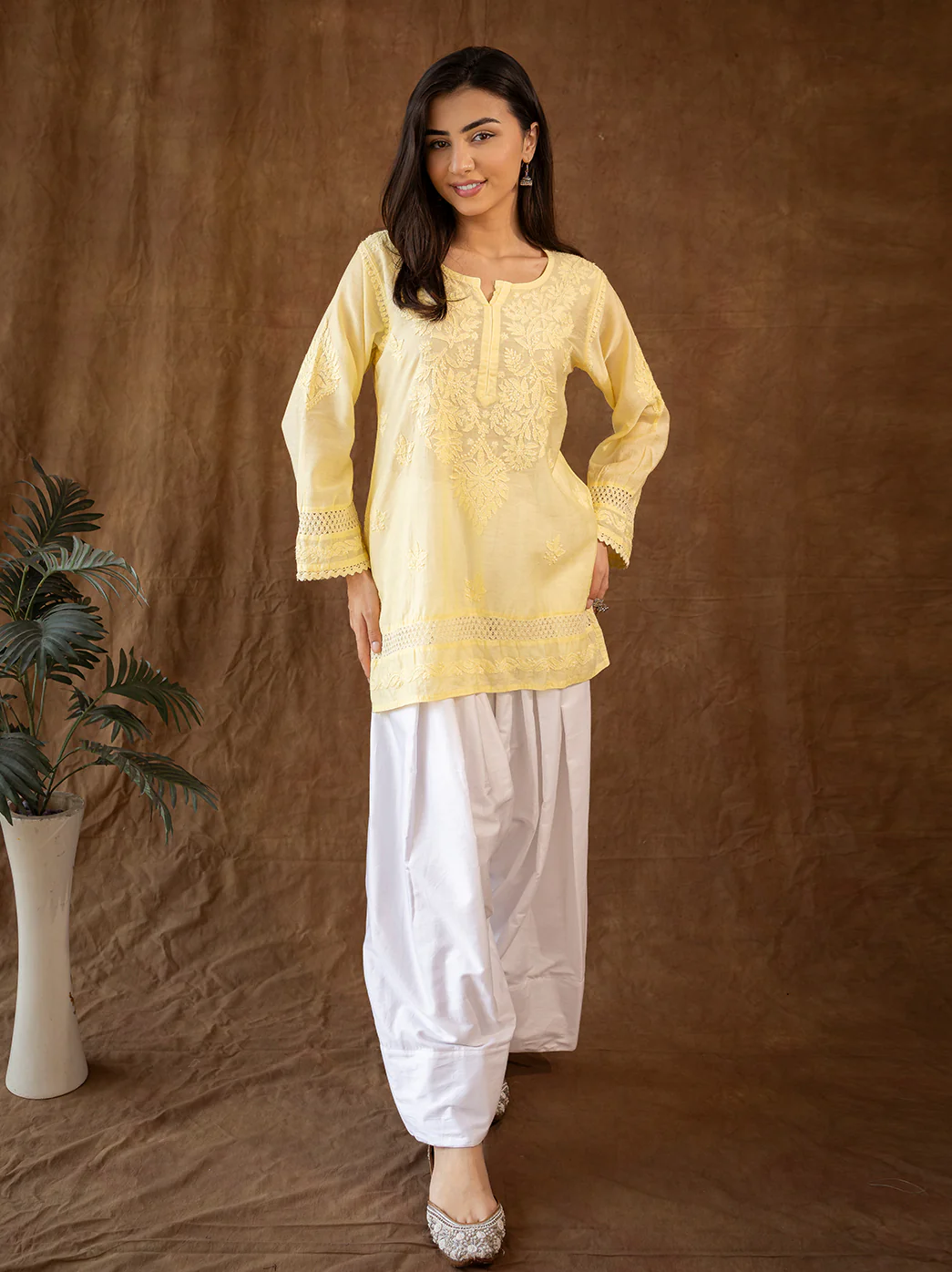Yellow Chanderi Chikankari Farshi Salwar Set - Image 5