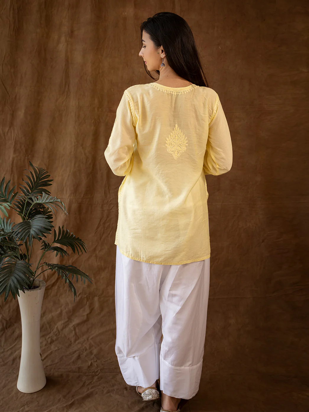 Yellow Chanderi Chikankari Farshi Salwar Set - Image 6