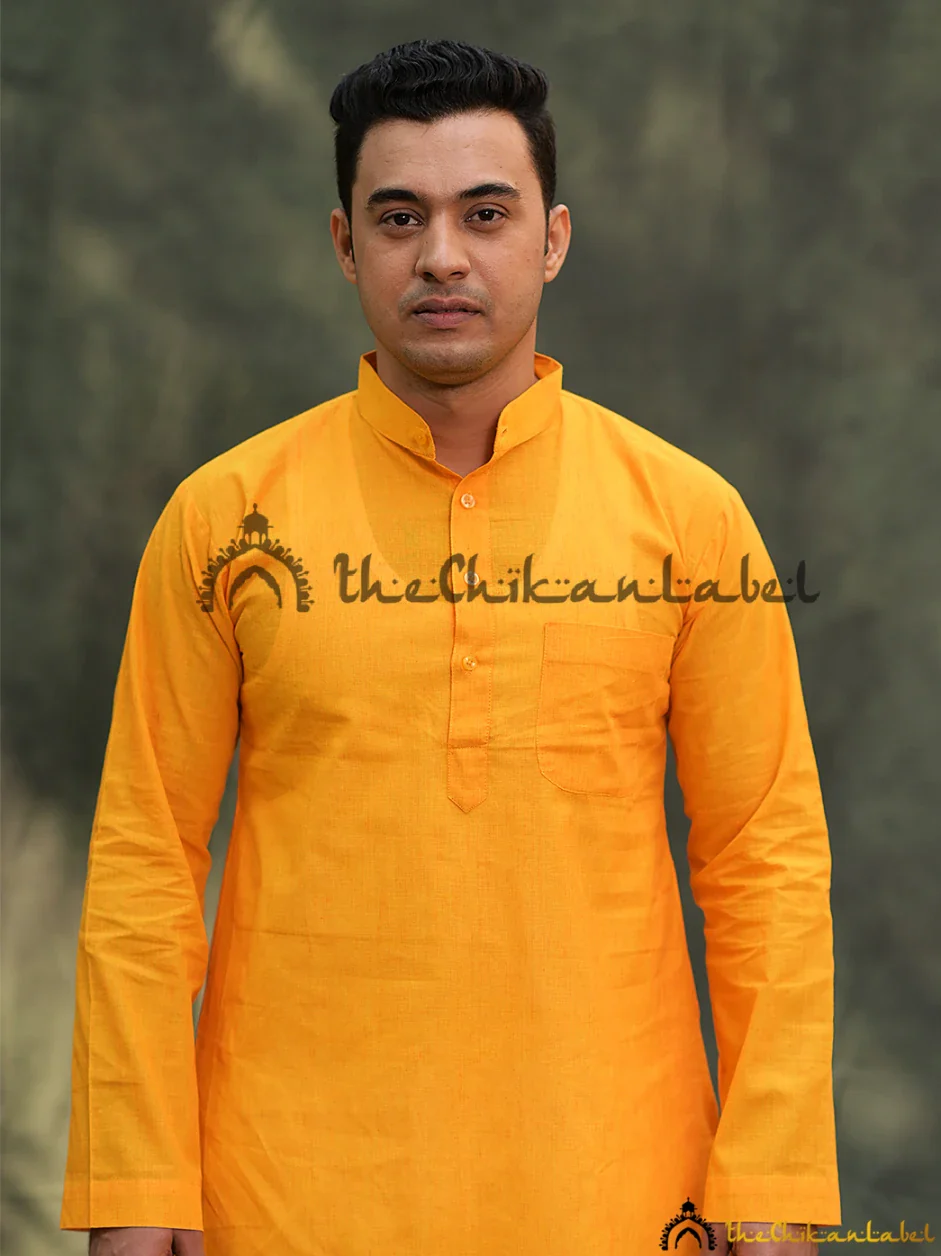Yellow Cotton Mens Kurta Lucknawi Chikankari Handmade - Image 3