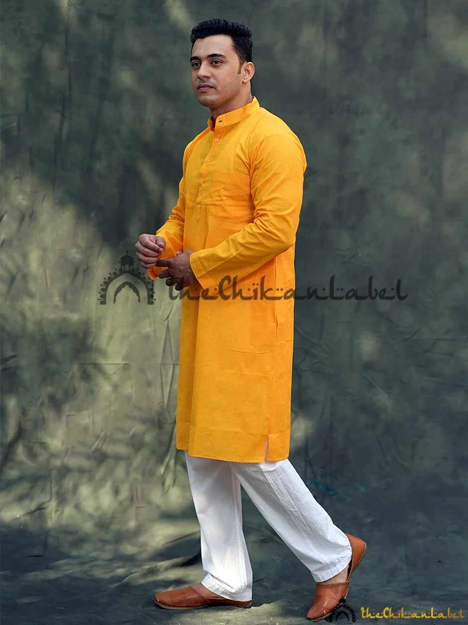 Yellow Cotton Mens Kurta Lucknawi Chikankari Handmade - Image 4