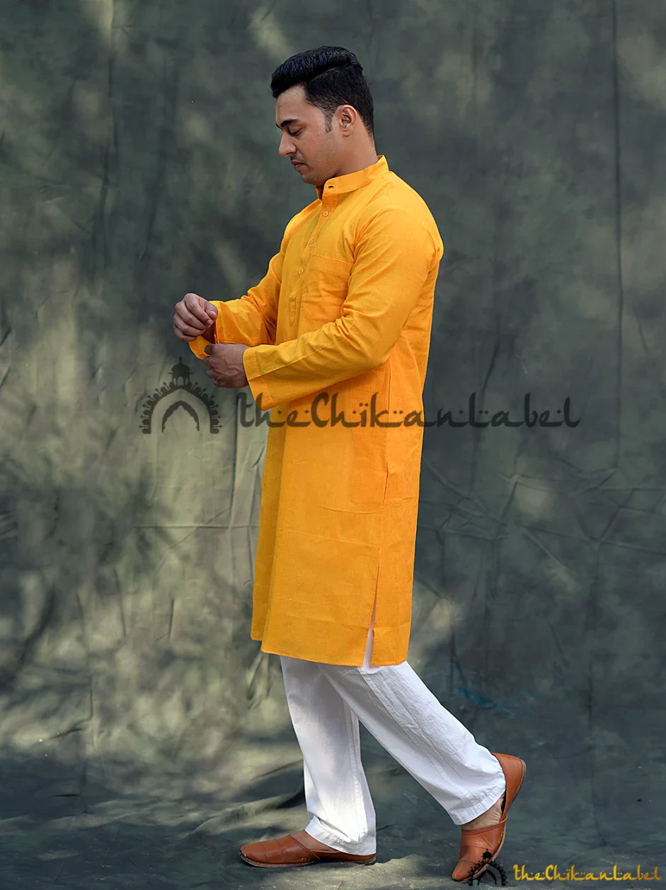 Yellow Cotton Mens Kurta Lucknawi Chikankari Handmade - Image 5