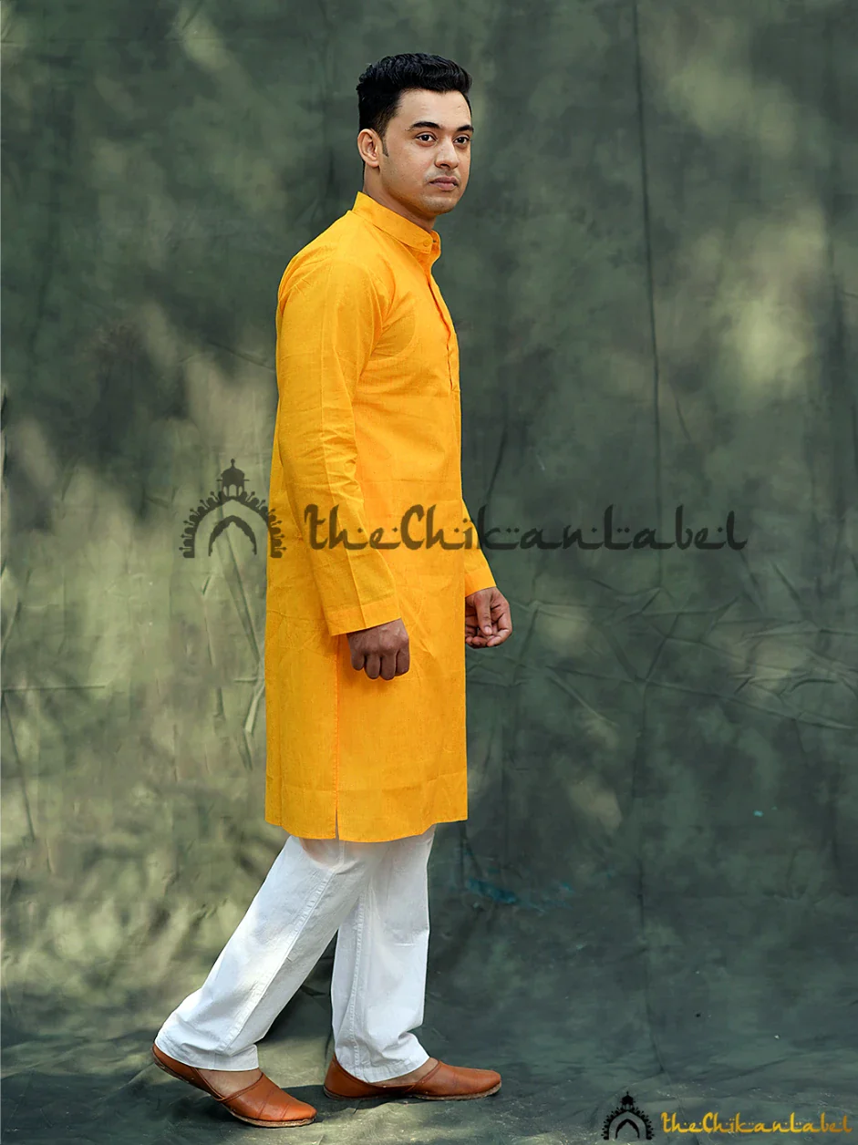 Yellow Cotton Mens Kurta Lucknawi Chikankari Handmade - Image 6