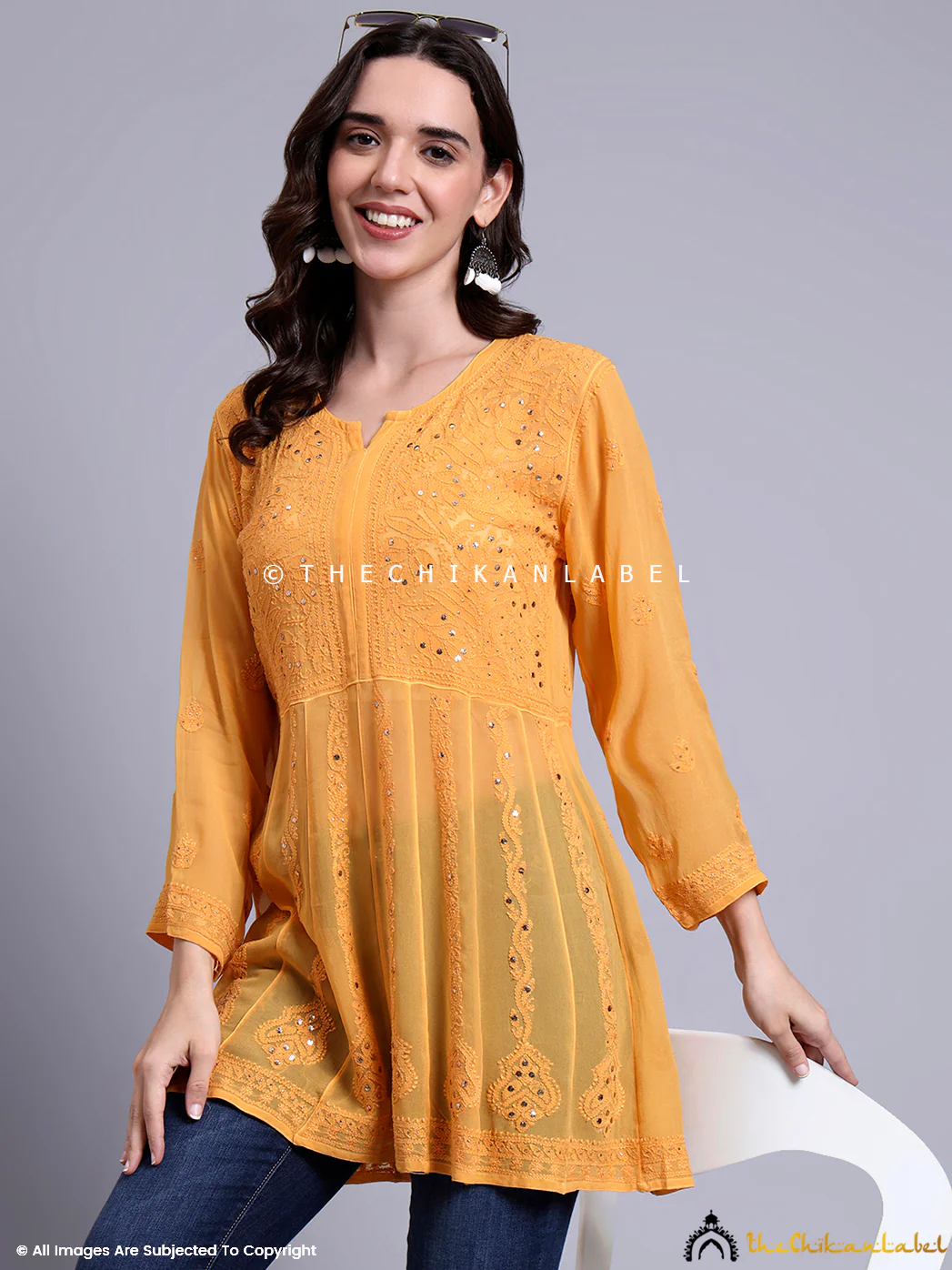 Drashi Viscose Chikankari Peplum Top - Yellow - Image 7