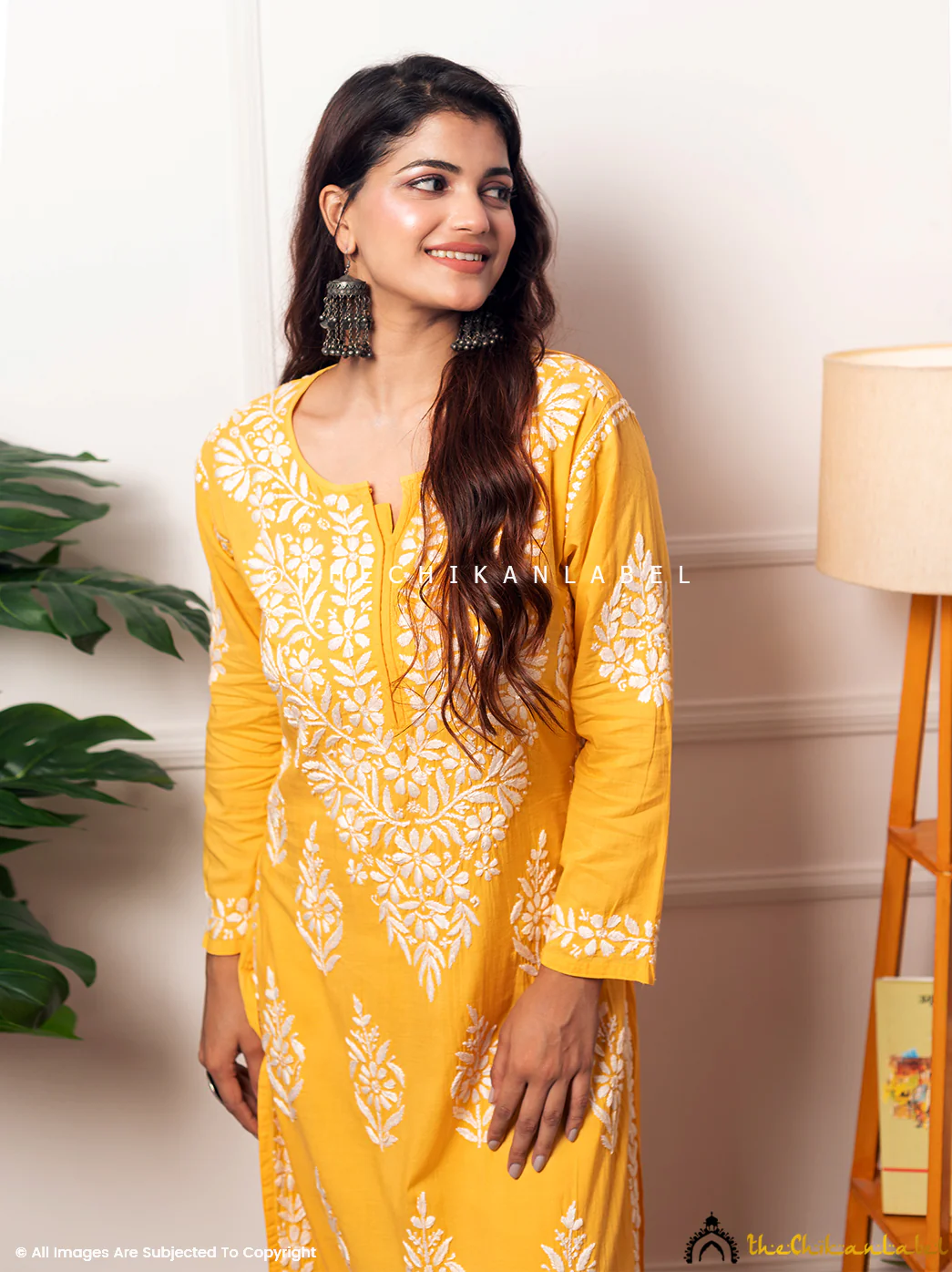 Ezna Modal Chikankari Kurta Set - Yellow - Image 2
