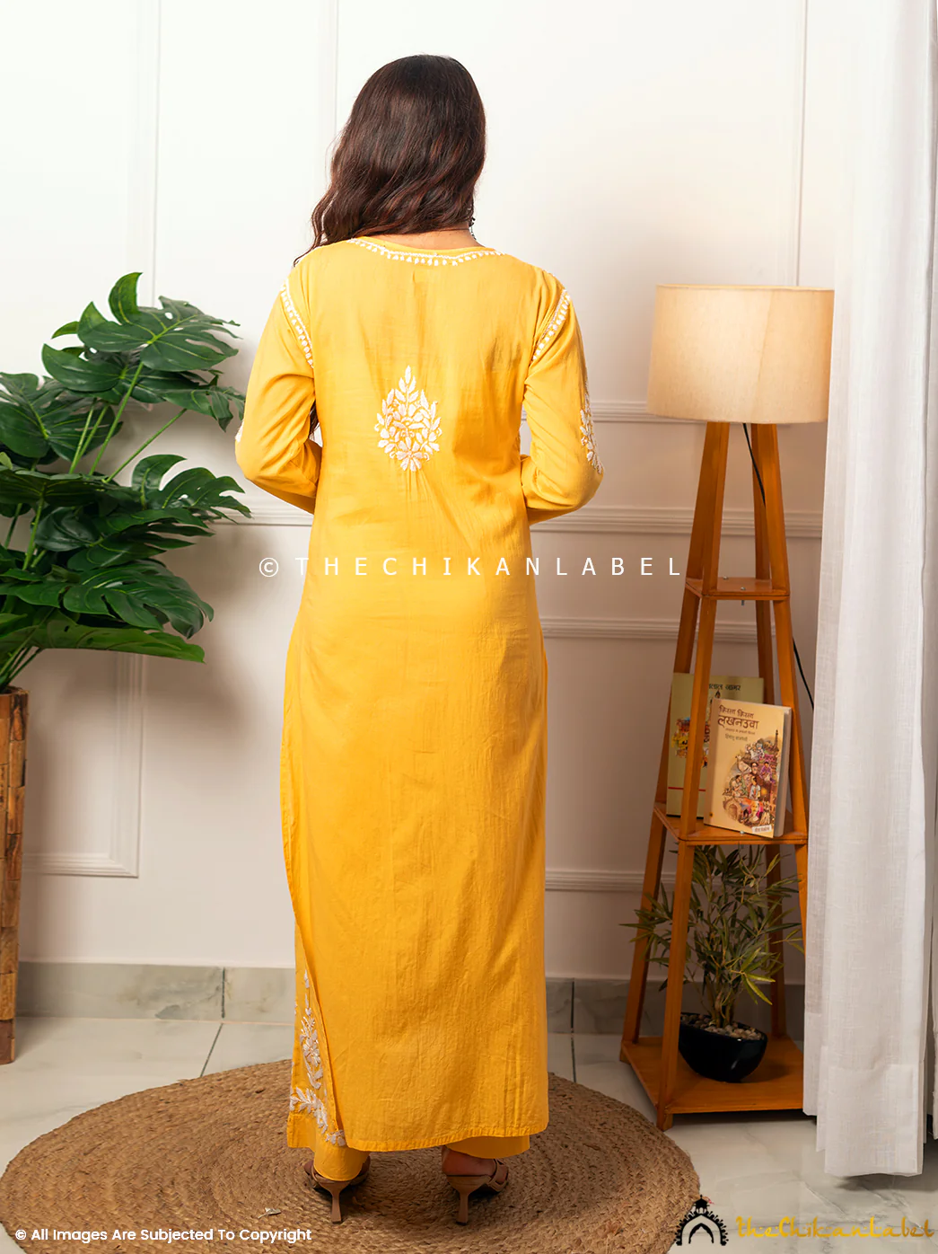 Ezna Modal Chikankari Kurta Set - Yellow - Image 3