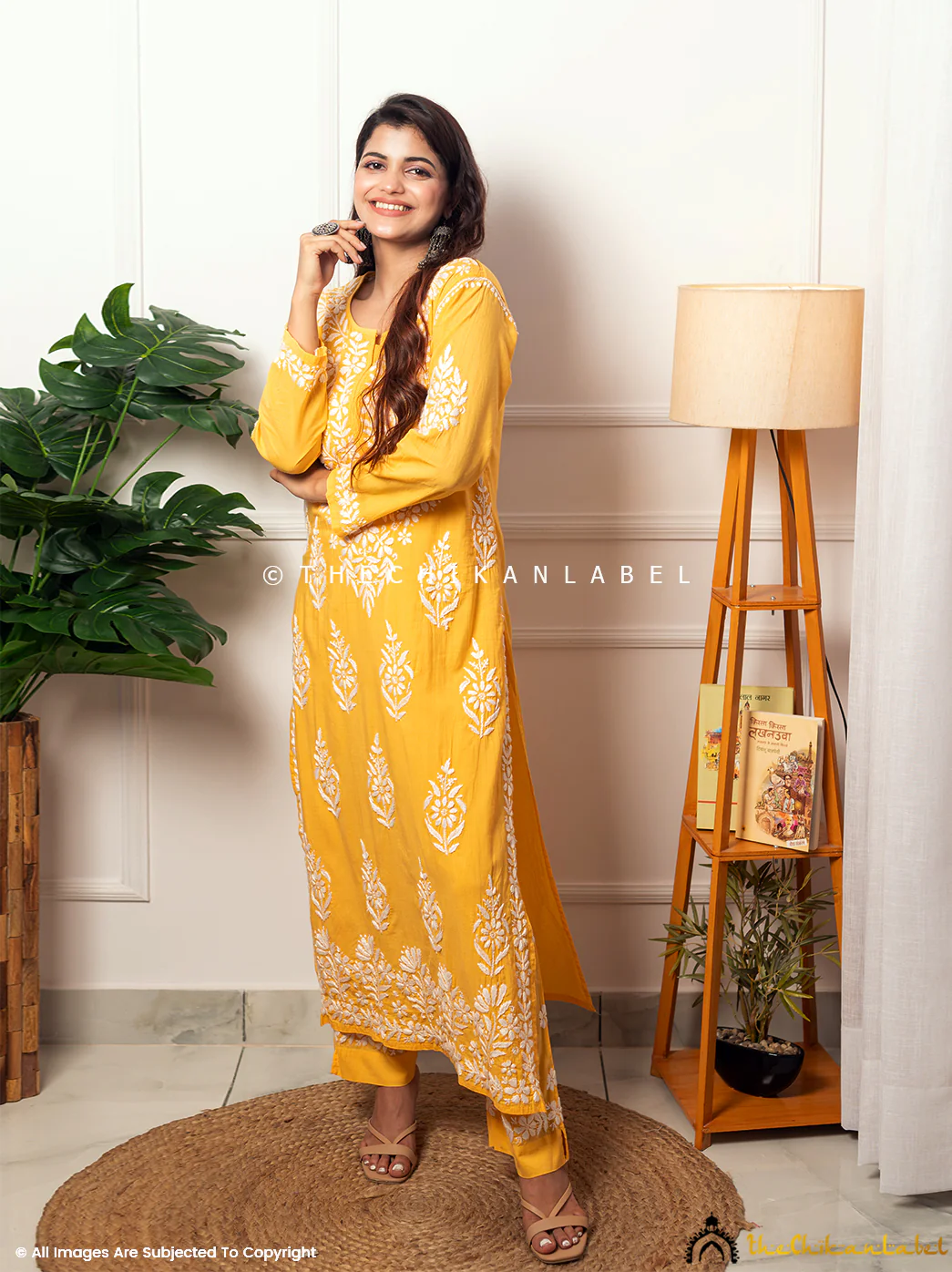 Ezna Modal Chikankari Kurta Set - Yellow - Image 4