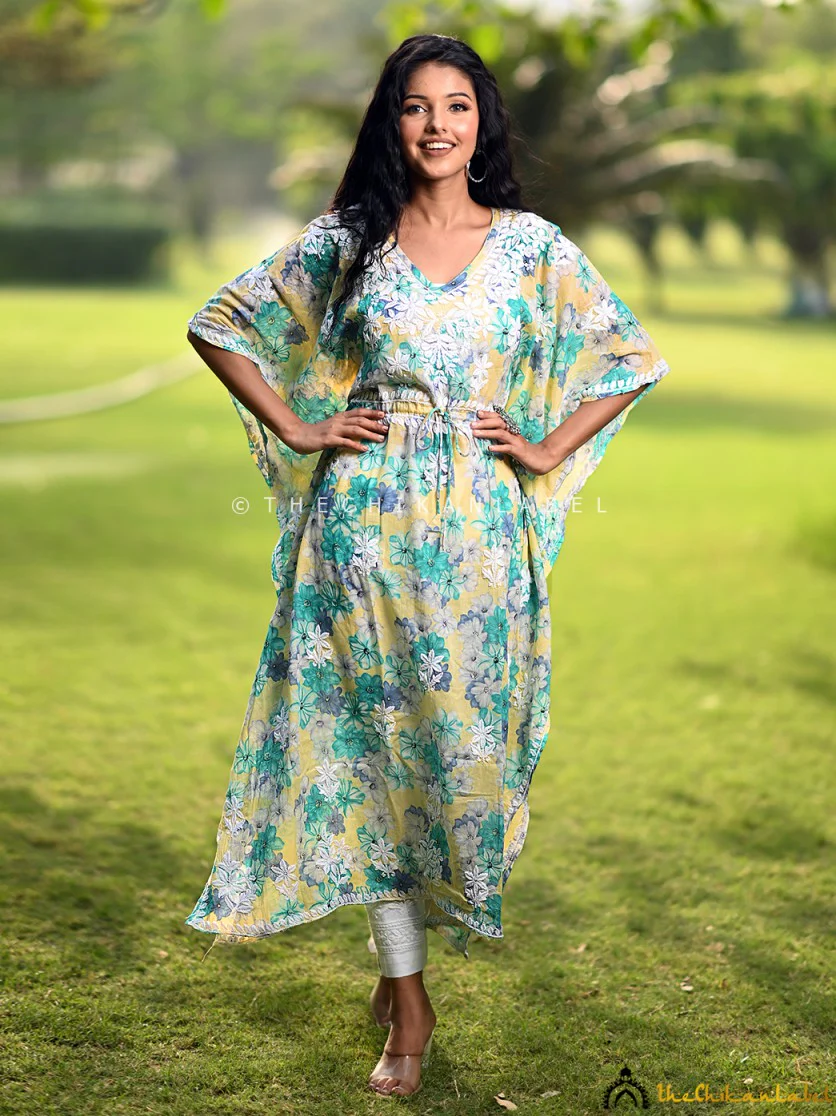 Faraha Mulmul Cotton Kaftan -Yellow - Image 3