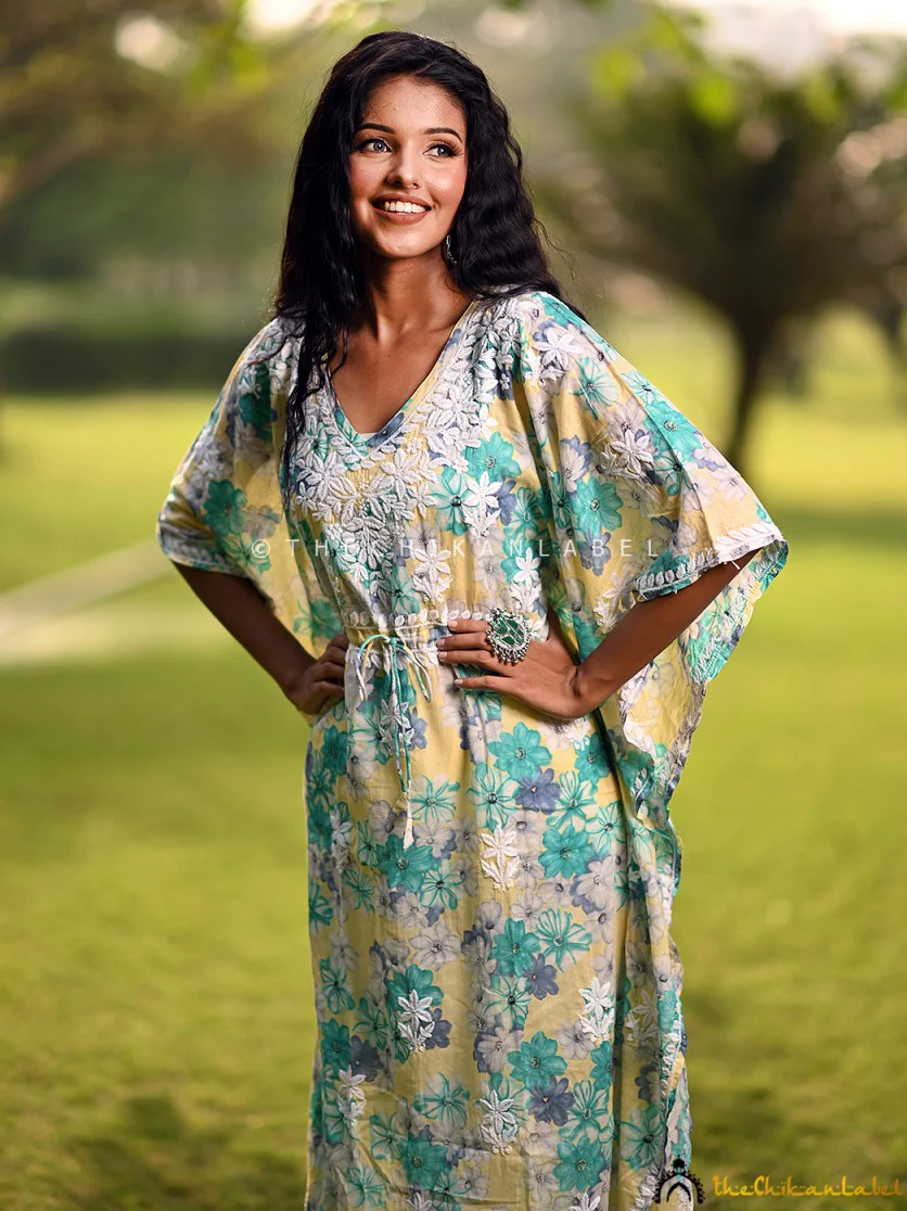 Faraha Mulmul Cotton Kaftan -Yellow - Image 4