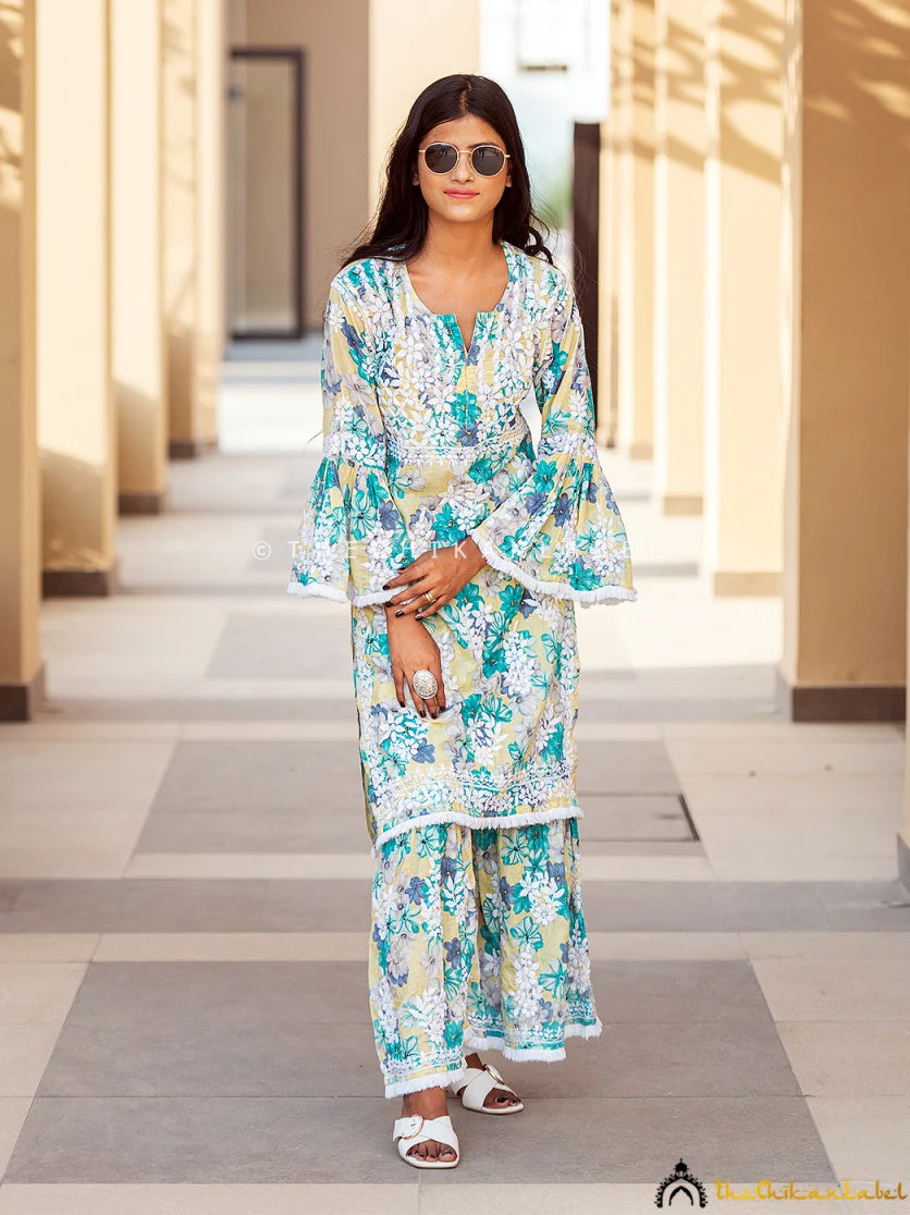 Floral Mulmul Chikankari Kurta Garara Set - Image 4