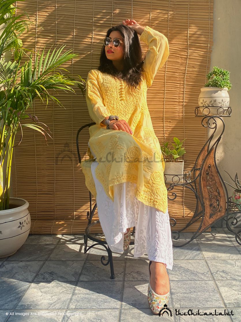 Yellow Gulaab Muslin Chikankari Straight Kurti - Image 3