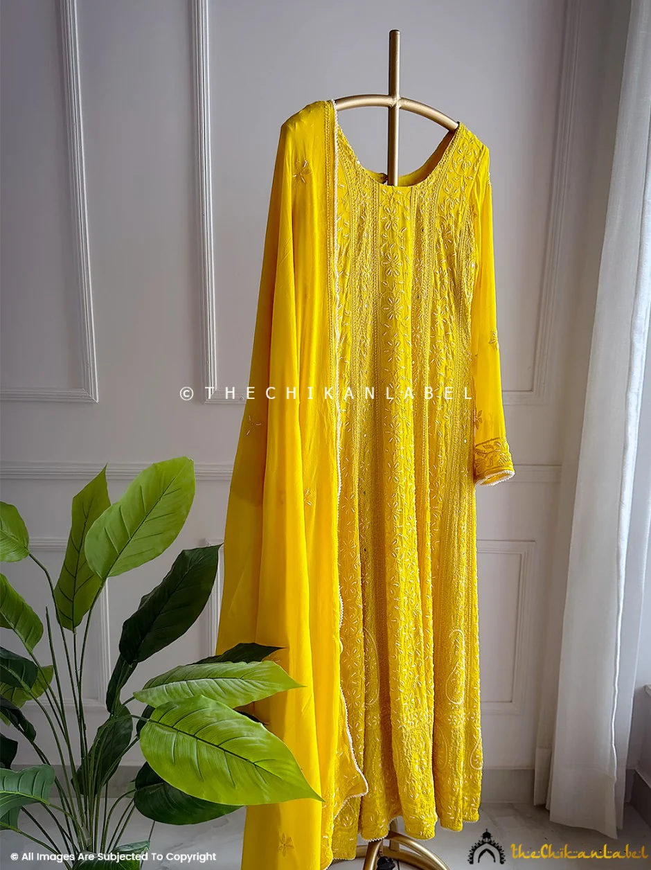 Yellow Gulnaaz Viscose Chikankari Anarkali - Image 2