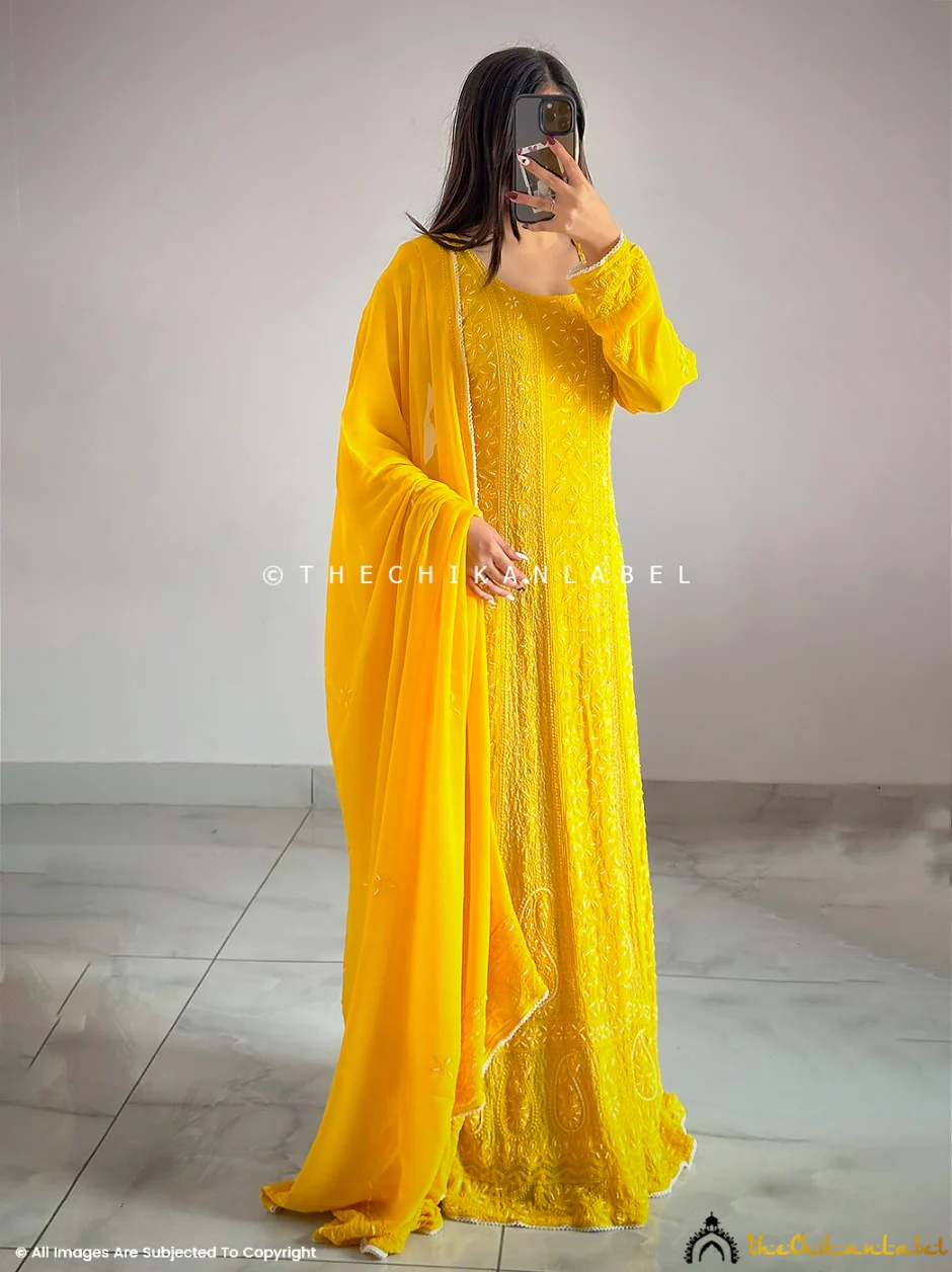 Yellow Gulnaaz Viscose Chikankari Anarkali - Image 3