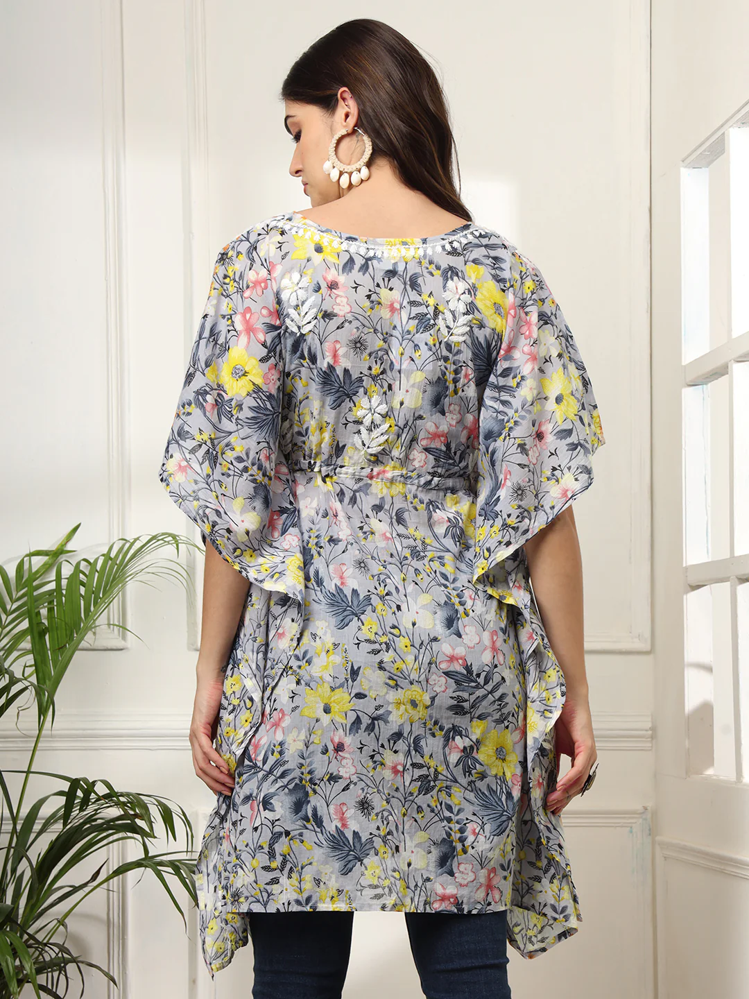 Himani Mulmul Cotton Short Kaftan - Yellow - Image 3