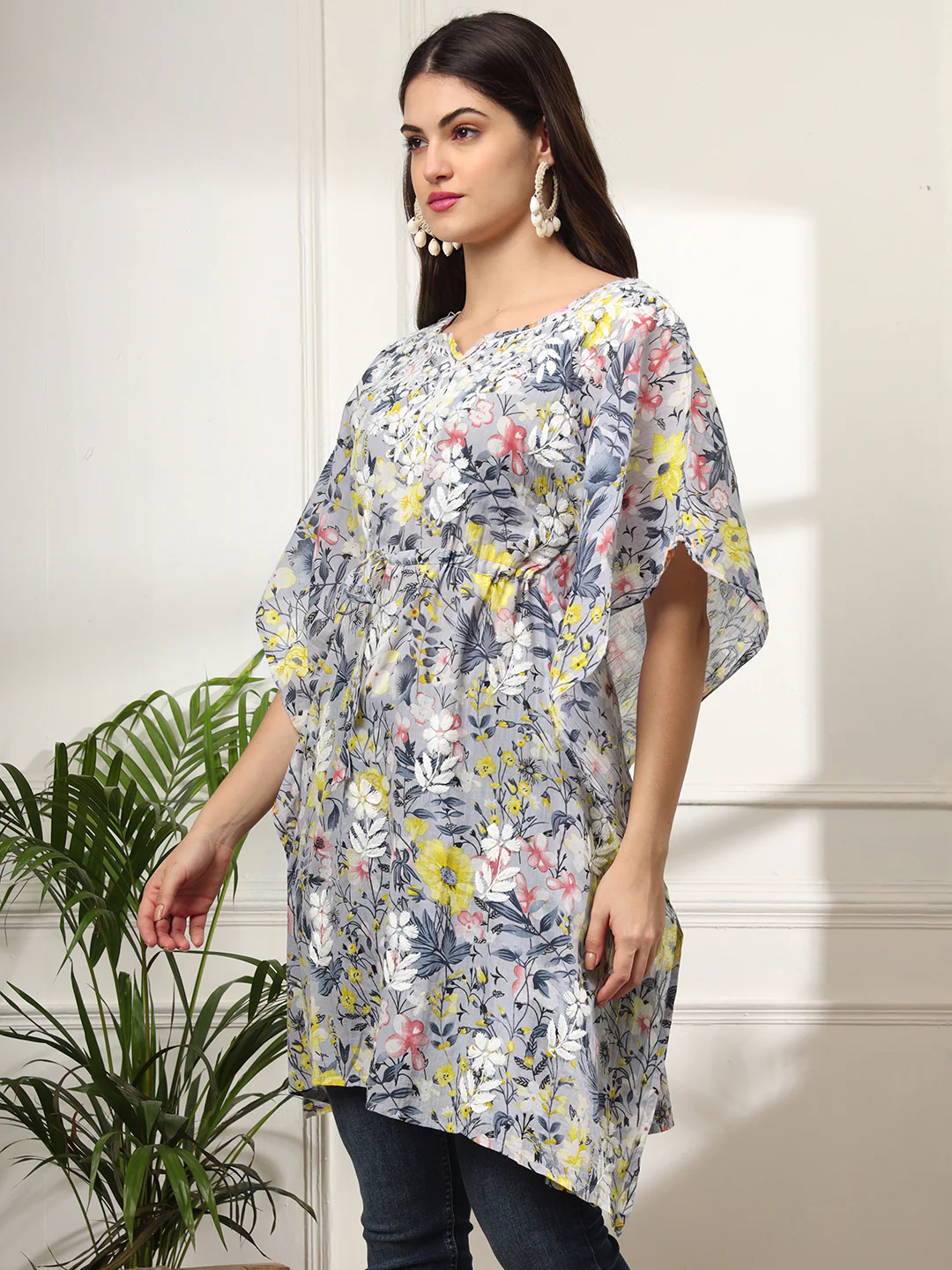 Himani Mulmul Cotton Short Kaftan - Yellow - Image 4