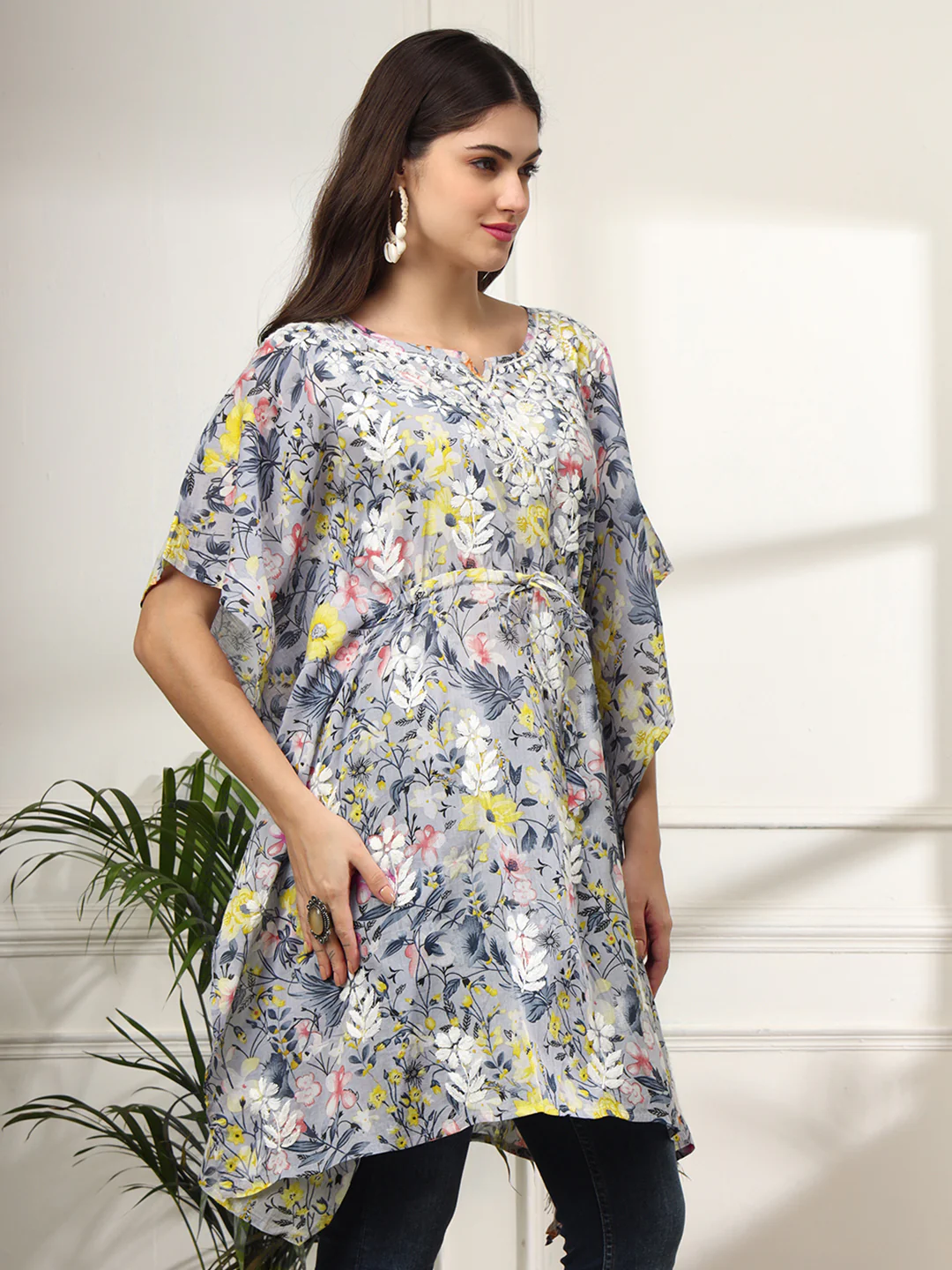Himani Mulmul Cotton Short Kaftan - Yellow - Image 5