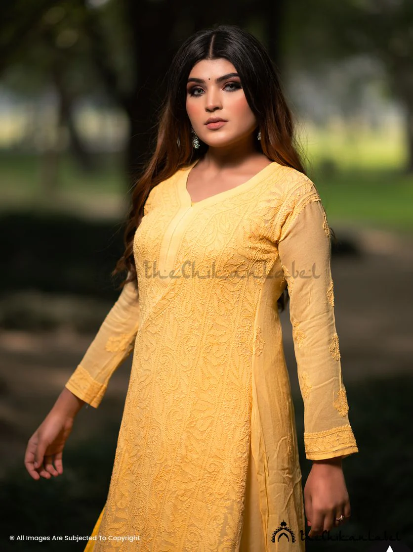 Yellow Inara Viscose Chikankari Straight Kurta Set - Image 4