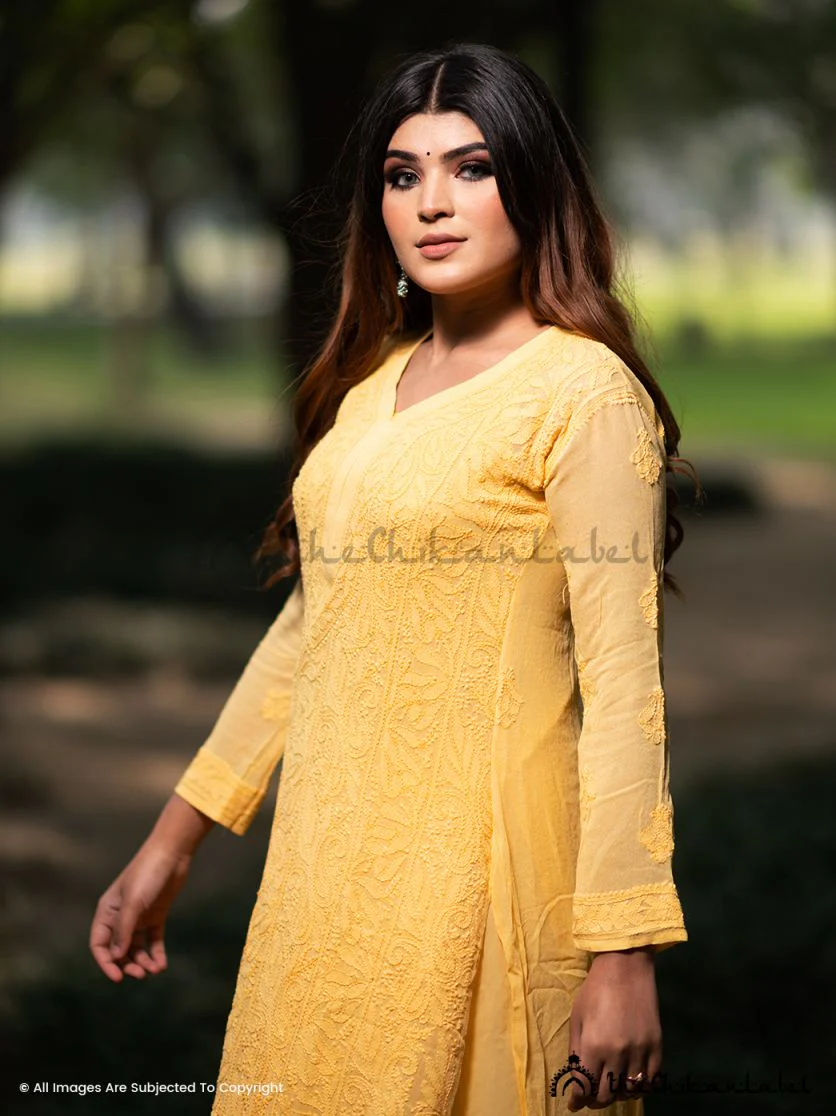 Yellow Inara Viscose Chikankari Straight Kurta Set - Image 5