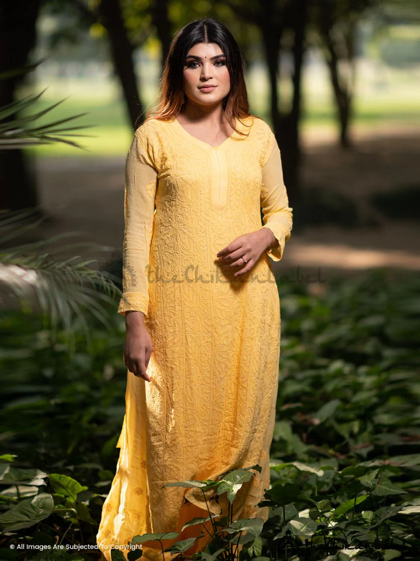 Yellow Inara Viscose Chikankari Straight Kurta Set - Image 7