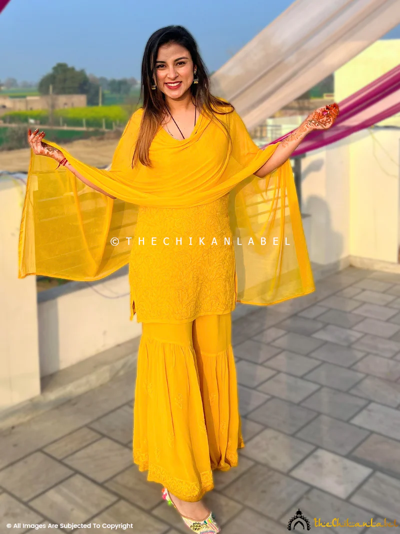 Jia Viscose Chikankari Strappy Kurta Set with Dupatta - Yellow - Image 2