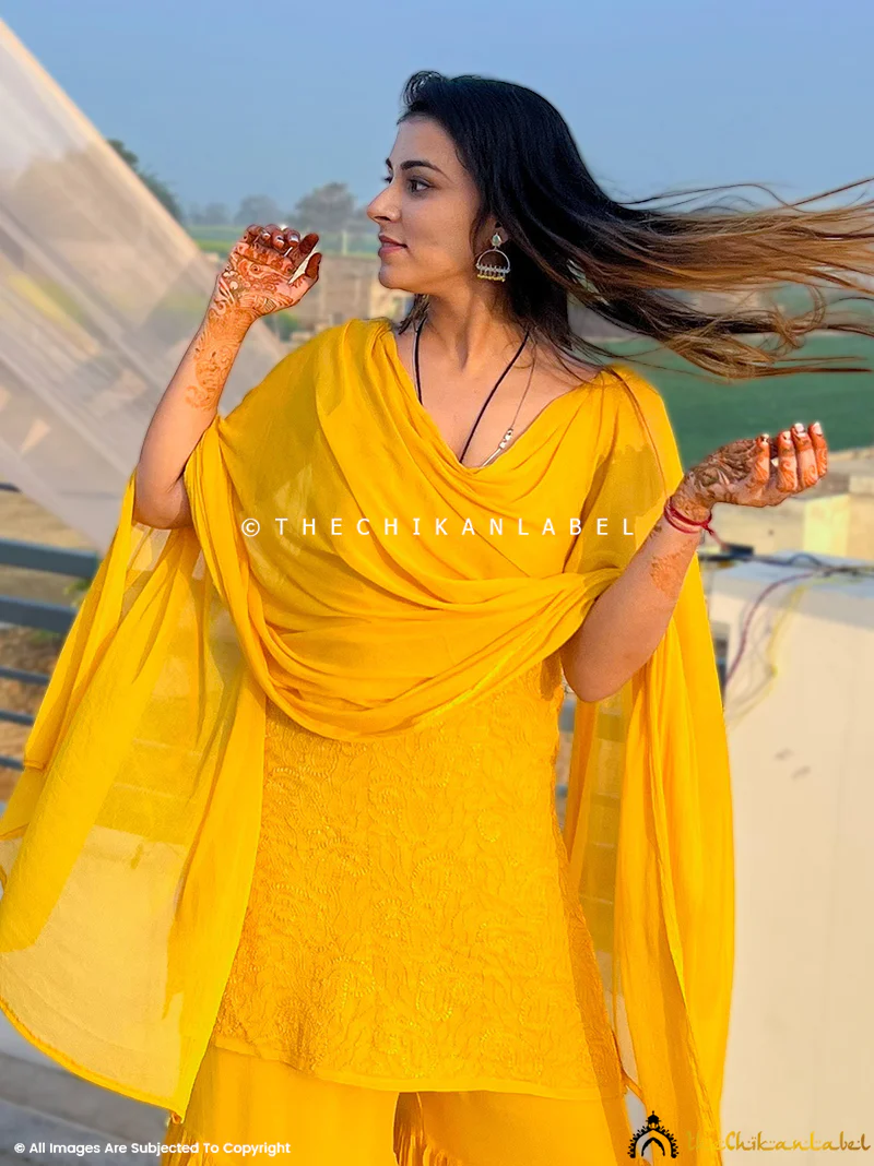 Jia Viscose Chikankari Strappy Kurta Set with Dupatta - Yellow - Image 3