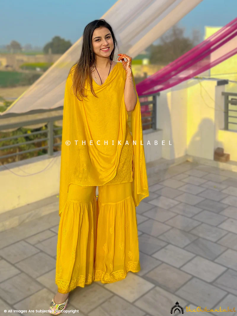 Jia Viscose Chikankari Strappy Kurta Set with Dupatta - Yellow - Image 4