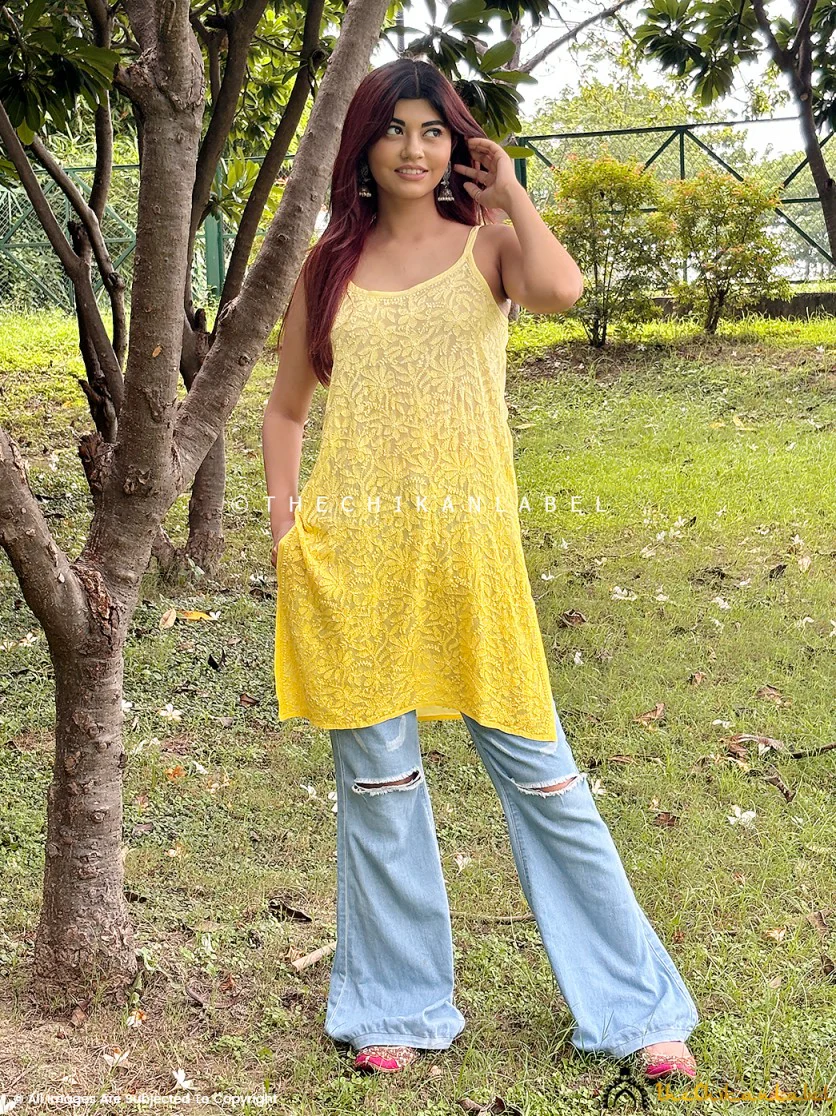 Yellow Jia Viscose Chikankari Strappy Short Kurta - Image 5