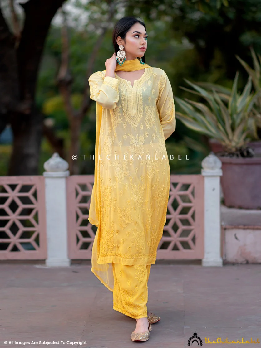 karima Muslin Chikankari Straight Kurta Set with Dupatta-Yellow - Image 2