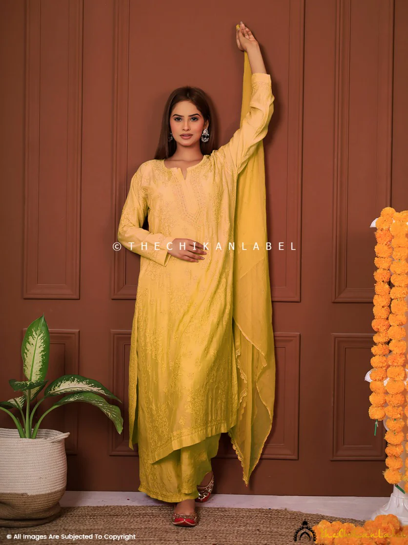 karima Muslin Chikankari Straight Kurta Set with Dupatta-Yellow - Image 3