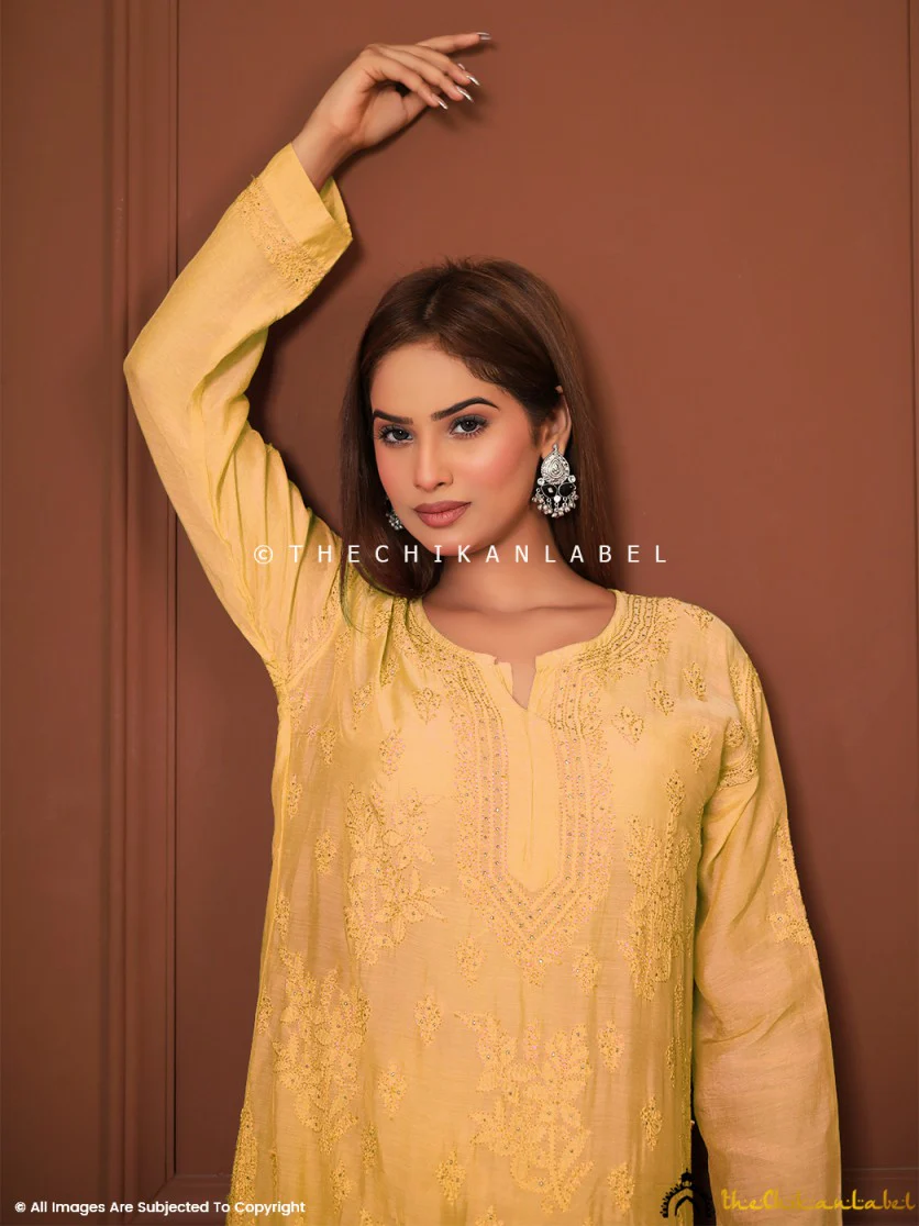 karima Muslin Chikankari Straight Kurta Set with Dupatta-Yellow - Image 4