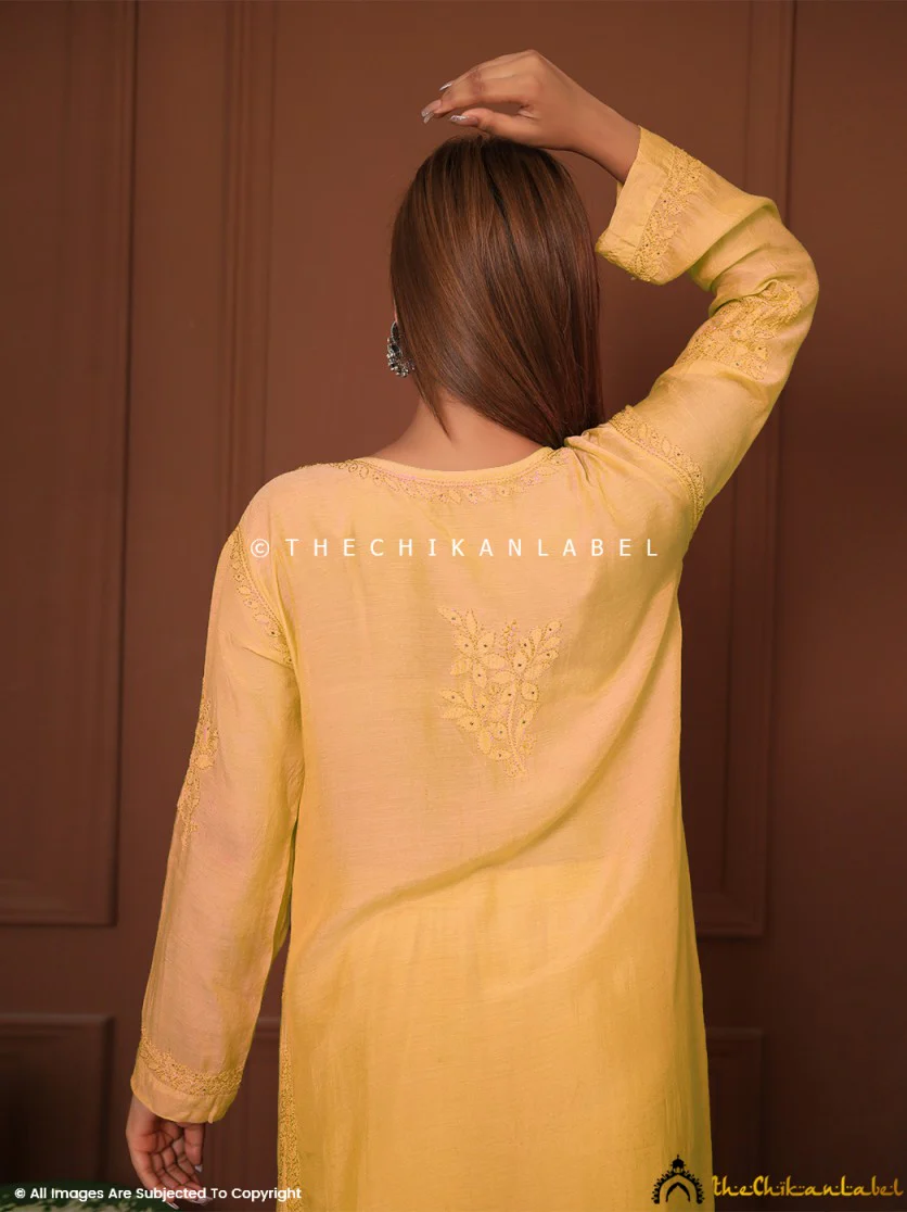 karima Muslin Chikankari Straight Kurta Set with Dupatta-Yellow - Image 5