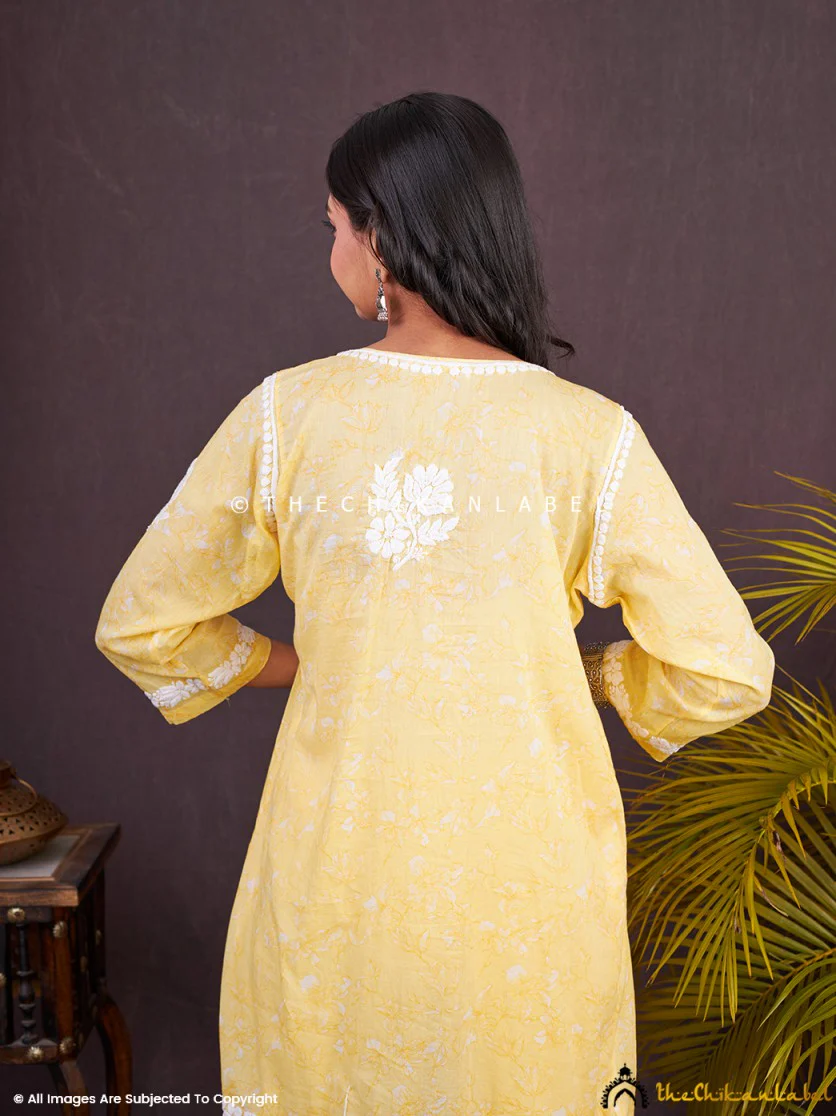 Kavya Mulmul Chikankari Kurta Set - Yellow - Image 3