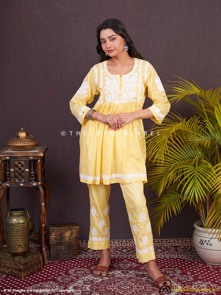 Kavya Mulmul Chikankari Kurta Set - Yellow - Image 4