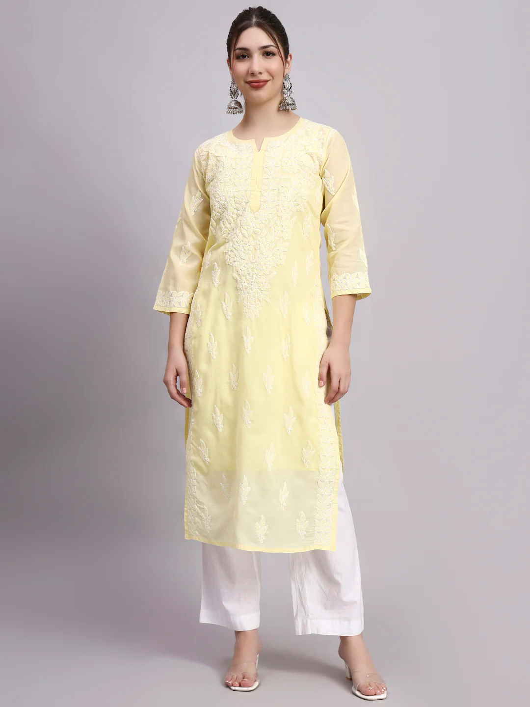 Yellow Layla Cotton Chikankari Straight Kurti with inner