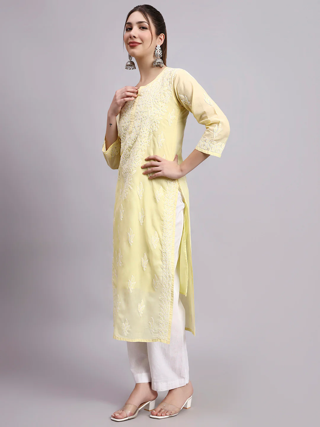 Yellow Layla Cotton Chikankari Straight Kurti with inner - Image 2