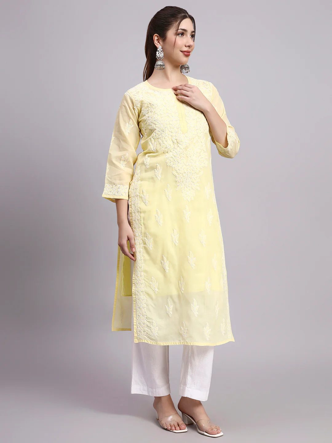 Yellow Layla Cotton Chikankari Straight Kurti with inner - Image 3