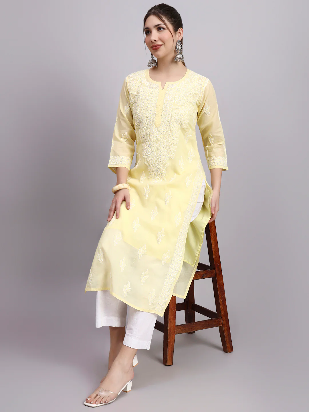 Yellow Layla Cotton Chikankari Straight Kurti with inner - Image 6