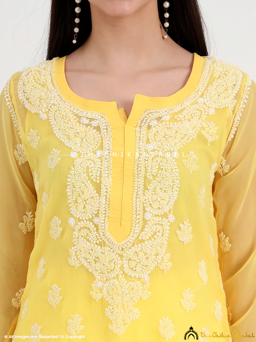 Mahak Georgette Chikankari Straight Kurti with Inner - Yellow - Image 2