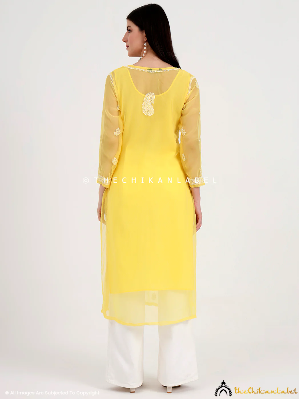 Mahak Georgette Chikankari Straight Kurti with Inner - Yellow - Image 3