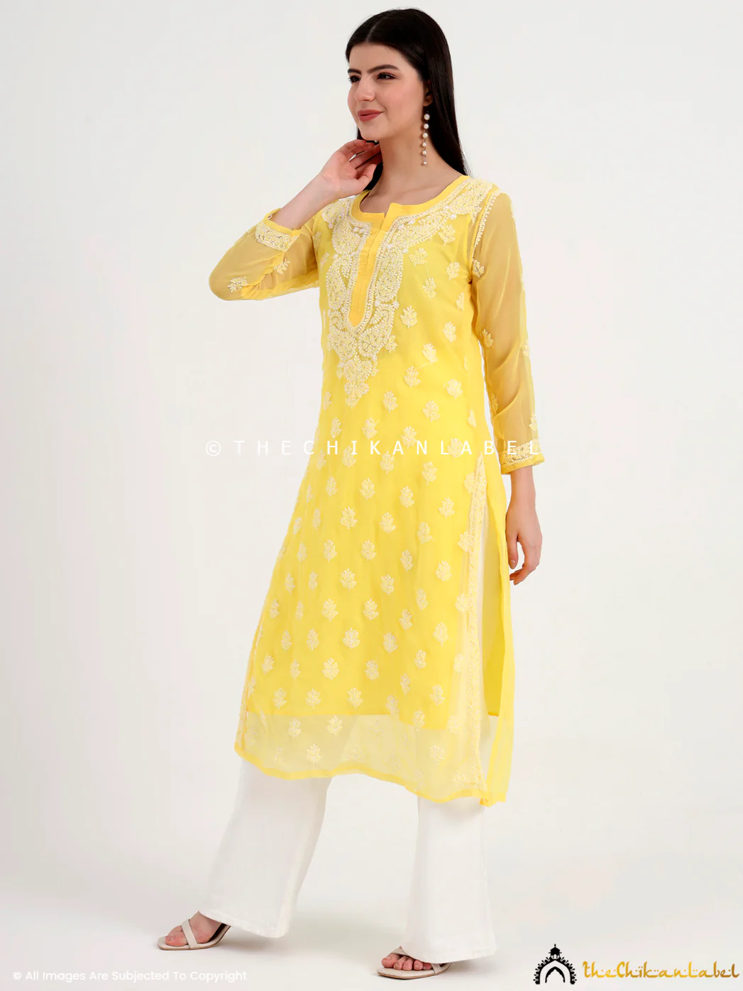 Mahak Georgette Chikankari Straight Kurti with Inner - Yellow - Image 4
